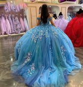 Lake Blue Ball Gown Off-Shoulder 3D Floral Lace Applique & Beaded Tulle Quinceanera Dress for Sweet 16 & Princess Parties